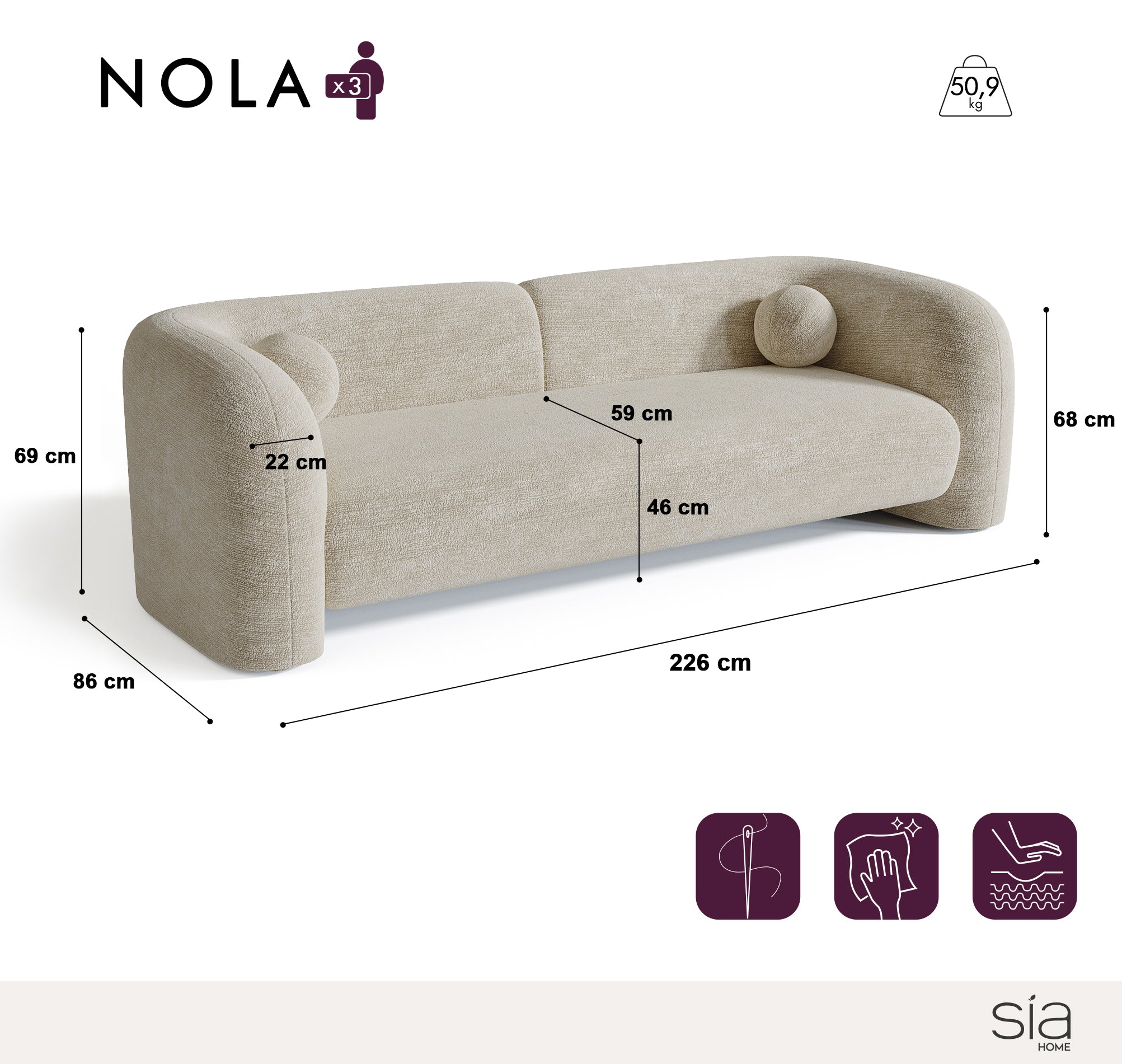 sia-deco-nola-canap-droit-coussins-boules-cr-me-kaki image 7