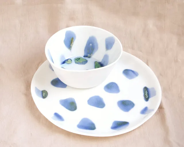 am-cla-bols-mugs-tasses-bol-porcelaine-blanc-tachet-bleu-vert image 1