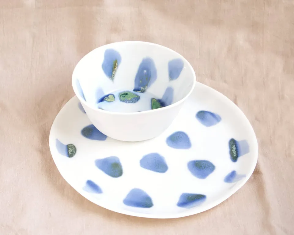 am-cla-bols-mugs-tasses-bol-porcelaine-blanc-tachet-bleu-vert image 1
