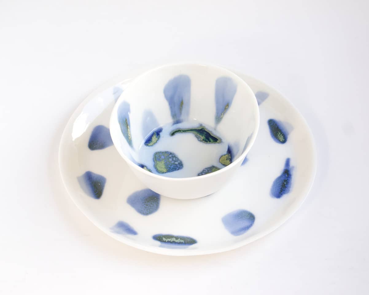 am-cla-bols-mugs-tasses-bol-porcelaine-blanc-tachet-bleu-vert image 8