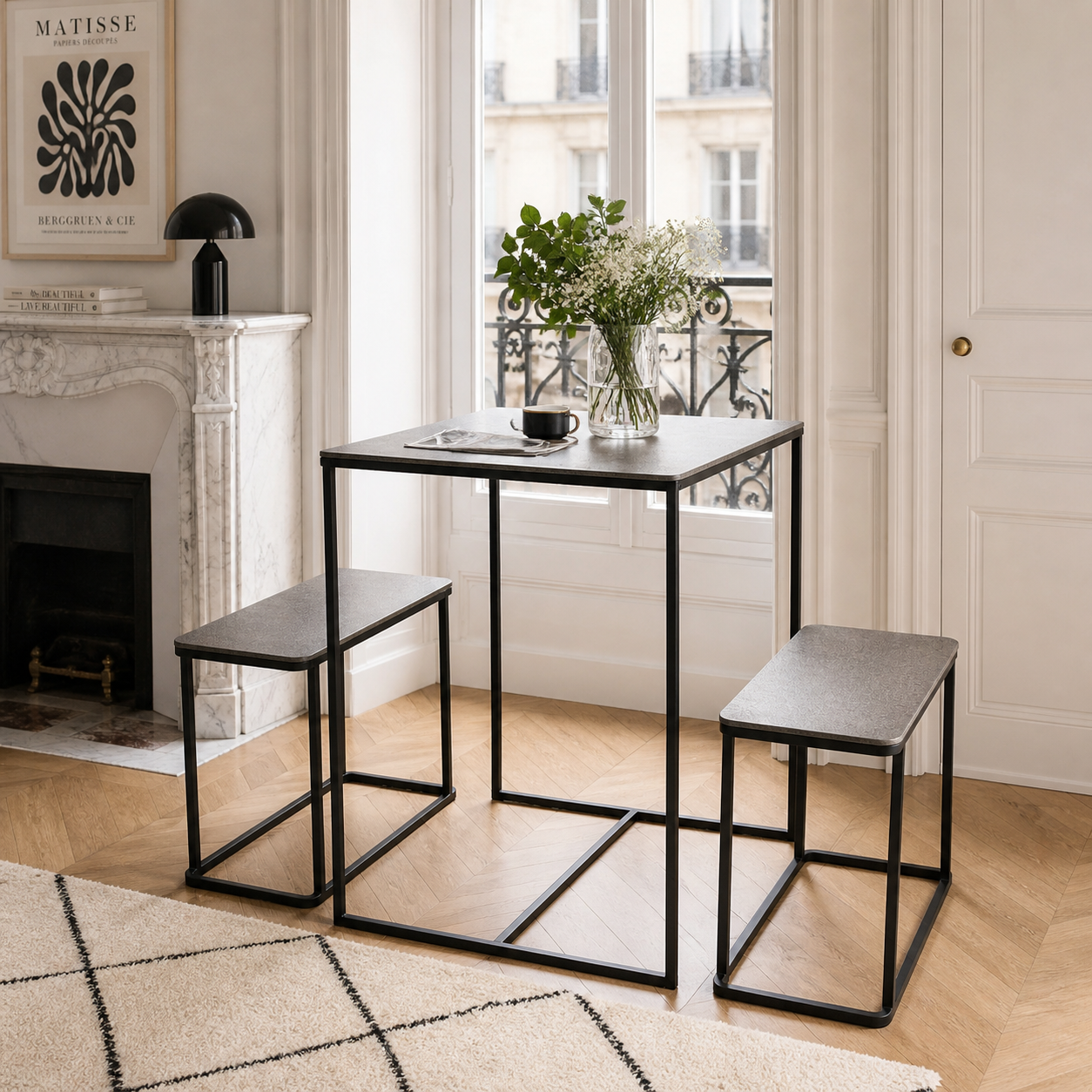 sia-deco-charlie-table-avec-2-bancs-argent-et-noir-fer image 2